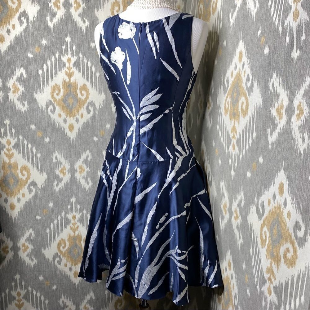 Ralph Lauren Silver Foil Botanical Print Navy Silk Fit & Flare Dress - Picture 16 of 16